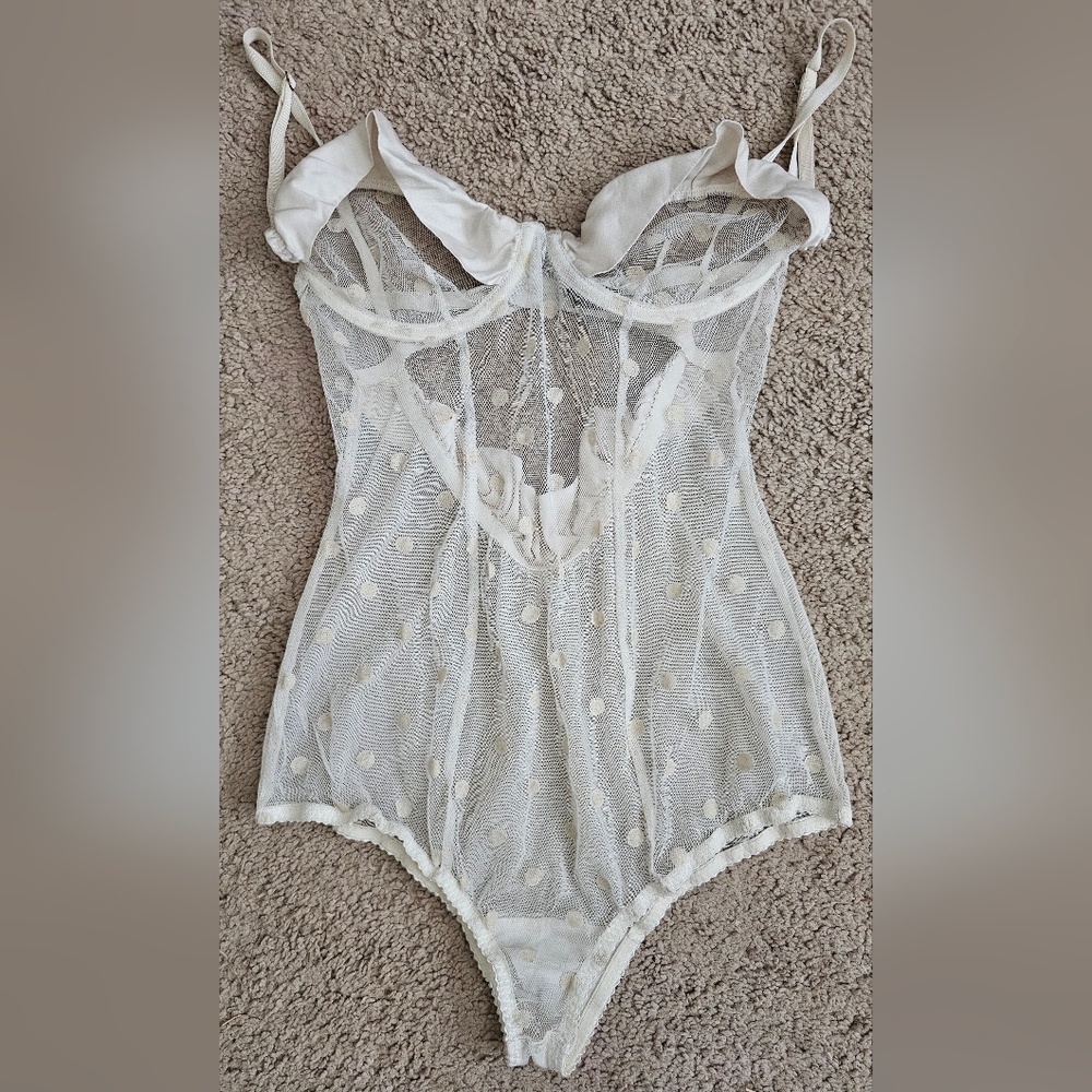 Victorias Secret Retro Pinup Sheer White Mesh Ruffled Polka Dot Bodysuit